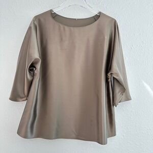 Peter Cohen Silk Boxy Blouse Womens Large Taupe Brown 3/4 Sleeve Boatneck Luxury